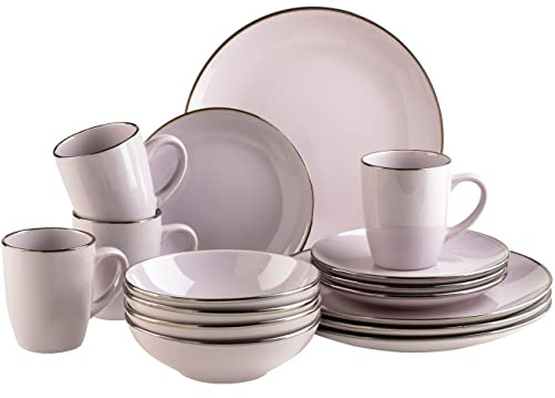 MÄSER Metallic Rim, set di stoviglie moderne per 4 persone, con bordo in ottone, servizio combinato da 16 pezzi, con stampi senza bordi, gres, lavanda