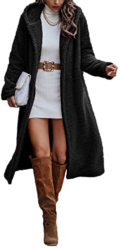 ticticlily Veste en Peluche Femme Manteau Longue en Fausse Fourrure Manteaux à Revers Vestes Manches Longues Blousons en Laine Fausse Fourrure avec Capuche A Noir XL