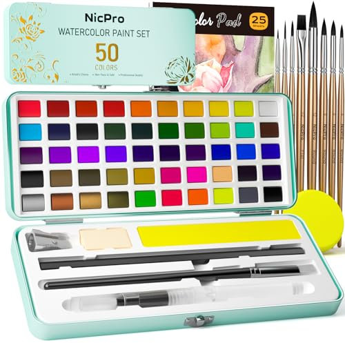 Nicpro 50 Colors Watercolour Paint Set, Include Metallic & Fluorescent Color, 8 Synthetic Squirrel Brushes, 25 Water Colour Paper & Palette, Art Supplies Kit for Adult Kid Beginner with Portable Box