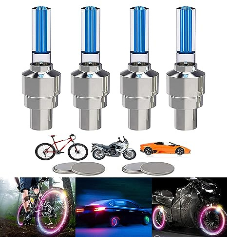 YUERWOVER 4 Pack LED Bike Wheel Stick Light Car Tire Valve Stem Cap Bicycle Motor Tyre Flash Light Reflector Accessories for Kids Men Women with 10 Extra Batteries(Blue)