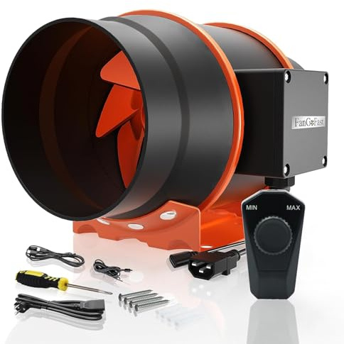 FanGoFast Extractor de Aire 200mm Regulable, 910 m³/h En Línea Ventilador Extractor de Conducto con enchufe IEC para Baño, Booster, tienda de cultivo, Garage, Cucina