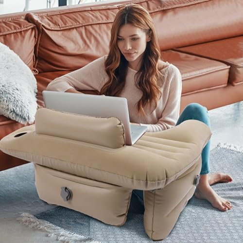 EOJDDPA Portable Inflatable Reading Pillow and Gaming Cushion for Bed, Couch, and Floor – Foldable Lap Desk Reading Pillow for Adults with Armrests, Neck Roll, and Wrist Support