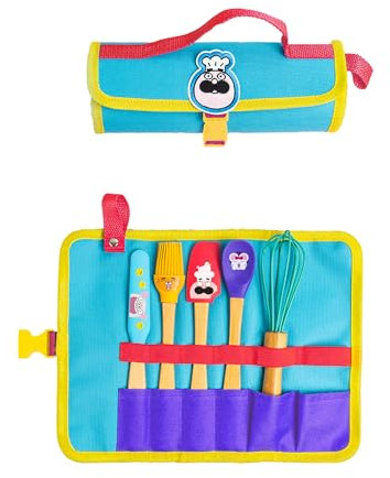 Chefclub Kids - Kit Mini-Ustensiles de Cuisine pour Enfants - Trousse de Rangement avec Fouet, Spatule, Cuillère, Maryse et Pinceau - Matériaux Sans BPA - Apprentissage Ludique - Dès 4 Ans