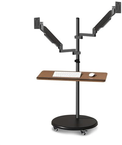 Monitorarm Gas Dubbla monitormonteringsställ med tangentbordsbricka, 14-43 Multiuse rullande monitorgolvstativ Mobil arbetsstation, höjdjusterbar gasfjäder Monitorfäste,14