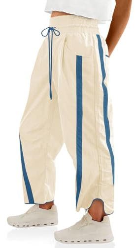 Fisoew Women's Baggy Wide Leg Pants Casual Drawstring Elastic Waisted Contrast Color Workout Y2K Track Pants Beige