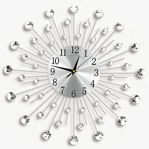 JF HOME BLISS Diamond Jeweled Wall Clock, 38cm Silver, Modern Metal, Silent, Arabic Numeral, Decorative for Living Room, Bedroom