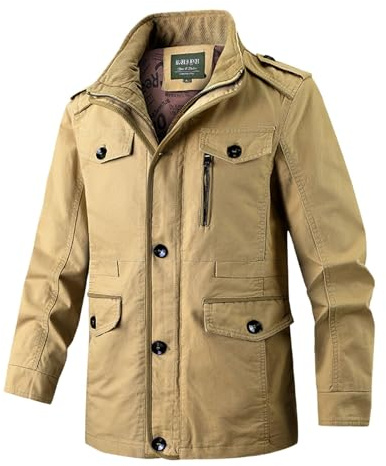 Saharienne Homme Été - D'extérieur Décontractée Coton Classique Coupe-Vent Cargo Militaire Style Printemps Automne Travail Casual Léger Blouson Veste Demi-Saison Manteau avec Poche
