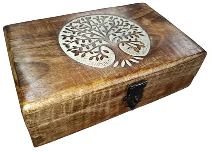Ajuny Gioielli Decorativi in Legno Scolpiti a Mano per Uomini e Donne con Albero Della Vita Circolare Organizer per Souvenir da Viaggio Scatola del Tesoro Portagioielli Ottimo Regalo
