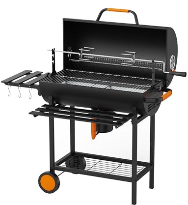 KEYO GRILL 29 Inch Charcoal BBQ Grill - 537 Sq In, Barrel-Shaped Barbecue Grill with Stainless Steel Roasting Spit & Central Charcoal Tray, Suit for Garden, Shed, Patio