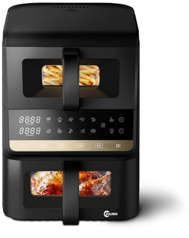 Heißluftfritteuse 2 Kammern, Airfryer 10L mit Sichtfenster & Innenbeleuchtung, Air fryer vertikale Doppelkammer für platzsparendes Familienkochen, SYNC-Funktion, 80–200°C, 3.5L+6.5L 10-in-1