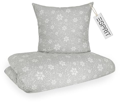 Esprit - Biancheria da letto in flanella, 140 x 200 cm, in cotone, motivo fiocchi di neve, 2 pezzi, morbida e soffice, 140 x 200 cm, copripiumino e federa 70 x 90 cm, per inverno e Natale