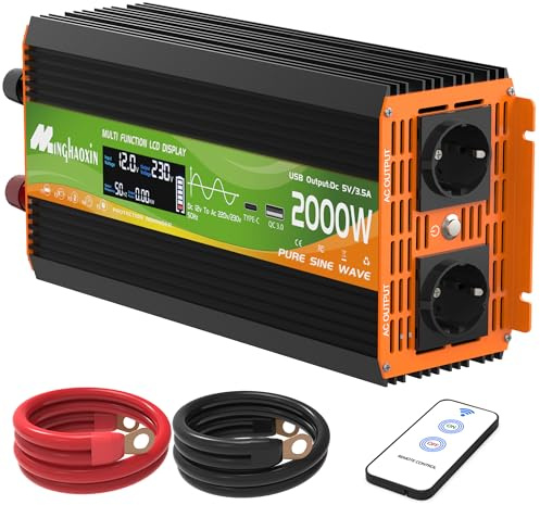 Wechselrichter 2000W Spannungswandler 12V 230V Reiner Sinus Inverter Konverter mit LCD-Display, USB-C-Anschluss und Kupferdraht 2 EU Steckdose für Solar,Fahrzeuge,Wohnmobil(Spitzenleistung 4000 Watt)