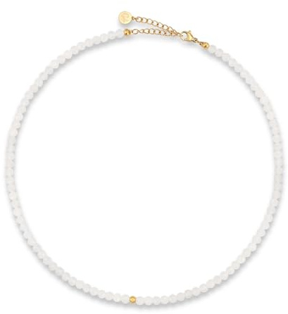 Collana di perle da donna in pietre naturali autentiche sfaccettate da 4 mm | Collana in pietra di luna regolabile con placcatura in oro 18K (40–45 cm) | Collana boho impermeabile (bianco)