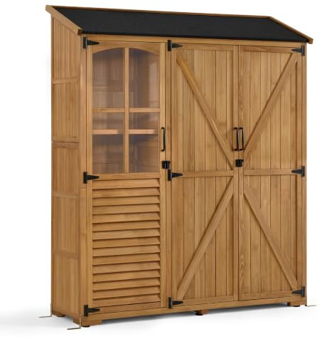 M MCombo Armoire de Jardin en Bois avec 7 étagères&2 tiroirs, abri à Outils résistant aux intempéries, abri de Jardin d'extérieur étanche, abri à Outils pour l'extérieur, 0982 (Naturel)