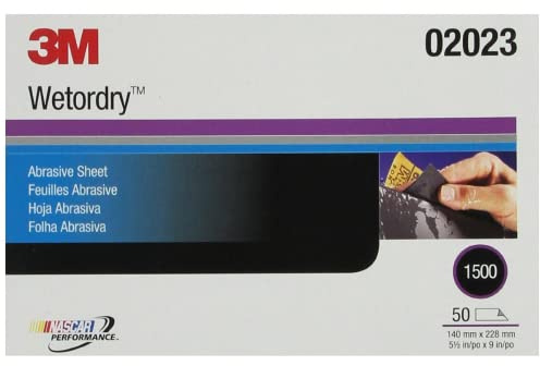 3M Wetordry Abrasive Sheet 401Q, 02023, 1500+ Grit, 5 1/2 in x 9 in, 50 Sheets, Fast Cutting, Auto Body Sanding, Paint Finishing