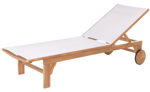 LOLAhome - Tumbona de Jardín y Exterior Nina de Madera de Acacia y textileno Blanco, Reclinable y con Ruedas, de 200x65 cm, Lujo y Confort