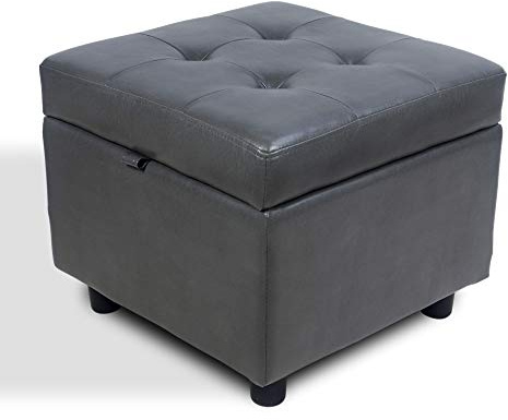 H&B Luxuries Tufted Leather Square Flip Top Storage Ottoman Cube Foot Rest (Grey with Storage)