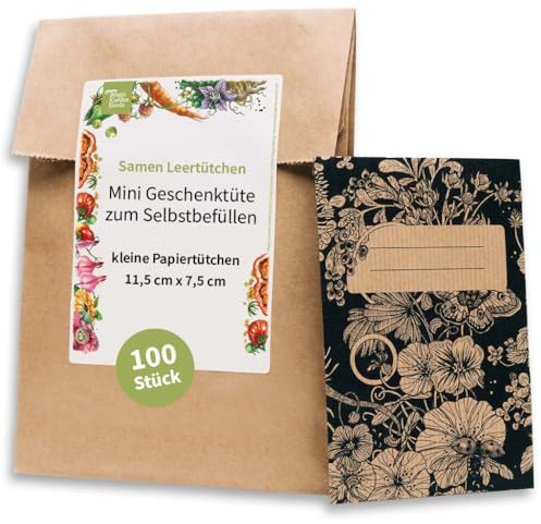 Samentütchen, Flachbeutel, Mini-Geschenktüte zum Selbstbefüllen und Beschriften für eigenes geerntetes Saatgut, Geschenke, Globuli - 100 Stück aus braunem, bedrucktem Packpapier