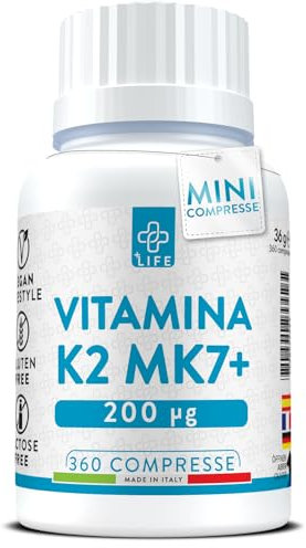 Vitamina K2 Mk7 200 mcg 360 Mini Compresse PiùLife, 1 Al Giorno, 100% All Trans Menachinone, K2 Vitamina K Deposito Calcio Integratore Ossa E Articolazioni E Cartilagine