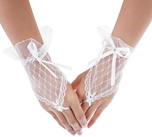 Yolev Guanti da Sposa in Pizzo Guanti Corti Senza Dita con Fiocco Guanti a Rete per Banchetti di Nozze da Donna (bianco)
