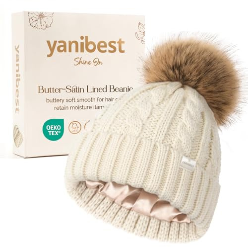 YANIBEST Winter Hats for Women Satin Lined Knitted Beanie Hat Warm Soft Ski Cuff Cap with Pom Pom Beige