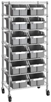 Seville Classics Robustes NSF-Müllregal aus massivem Stahldraht, patentierter Organizer für Garage, Lager, Büro, Restaurant, Klassenzimmer, Küche, grau, inklusive 12 Behältern