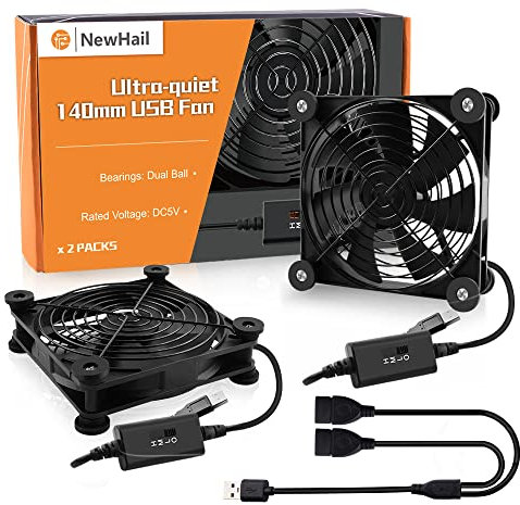 NewHail 2Pack 140mm Mini USB Fan Computer Fan Multi-Speed Control, Reduction Heat for Router, Game Console, TV Box, Recipient, Modem, DVR, Playstation, AV-Cabin