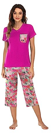 Famulily Short Sleeved Pyjamas for Women Tops and Capri Pants Cotton Sleepwear Pj Hot Pink L