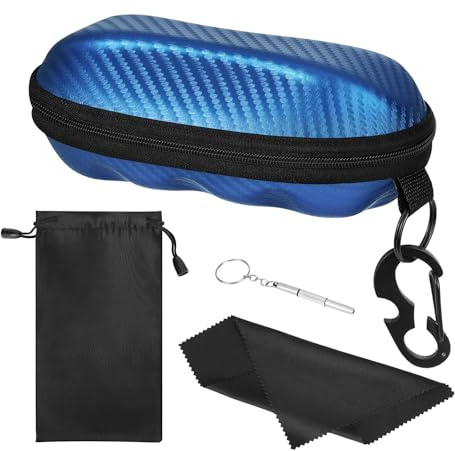 MoKo Sunglasses Case, Semi Hard Shell Unisex Protective Eyeglass Case PU Glasses Case Holder with Metal Hanging Hook Mini Screwdriver for Men Women, Blue