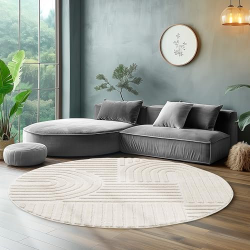 Hochflor Rund Teppich Wohnzimmer Küchenteppich Schlafzimmer Läufer Flur Skandi Boho Teppich 3D Design Flauschig Weich, Größe: 200 x 200 cm Farbe: Creme