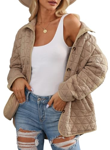 EVALESS Women's Puffer Jacket 2025 Fashion Casual Lightweight Fall Warm Winter Diamond Quilted Jacket Long Sleeve Button Down Open Front Outwear Coat,Parchment Large