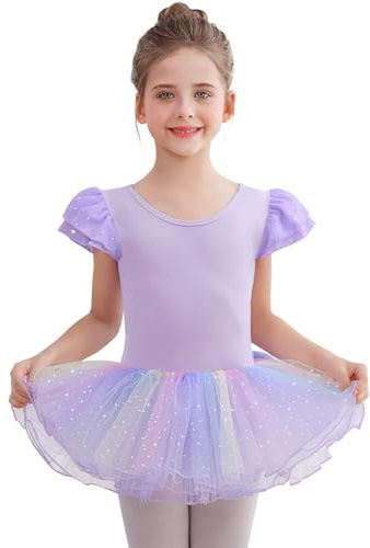 Comfyouth Abbigliamento da balletto per bambina con paillettes, tutù da balletto per bambini, vestito da balletto a maniche corte, body da balletto in cotone, vestito da danza con gonna tutù colorata