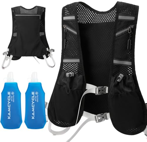 Kamcycle Chaleco de hidratación para correr, mochila de hidratación para correr, mochila de ciclismo para hombre, chaleco de correr con soporte para teléfono con 2 petacas suaves de 500 ml (con 2