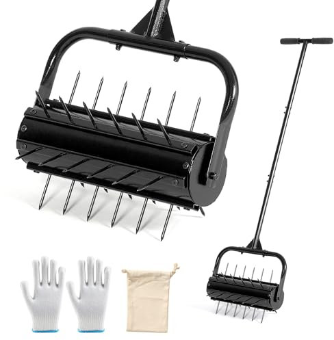 KELIXU Lawn Aerator Tool, 17” Manual Lawn Aerators Roller, Heavy Duty Rolling Lawn Air Aerator Tool with Spike Row, 58.5” H Grass Lawn Aeration Tool, Yard Tools for Garden, Cropland to Loose Soil
