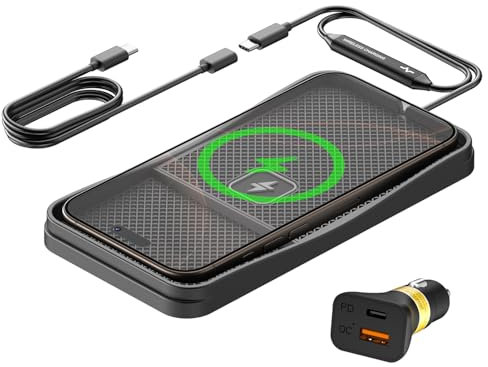 Polmxs Induktives Laden Auto, 15W Schnelles Kabelloses Ladepad Auto rutschfeste Induktive Ladestation Auto mit 30cm Kabel und 70cm Verlängerung, Kompatibel mit iPhone 16/15/14/13, Samsung, Google
