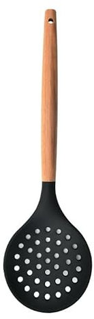 Ustensiles de cuisine en silicone antiadhésif, passoire avec poignée en bois, passoire, cuillère, écumoire, passoire sans BPA, pour la cuisson et le service, noir, 32,2 x 9,6 cm