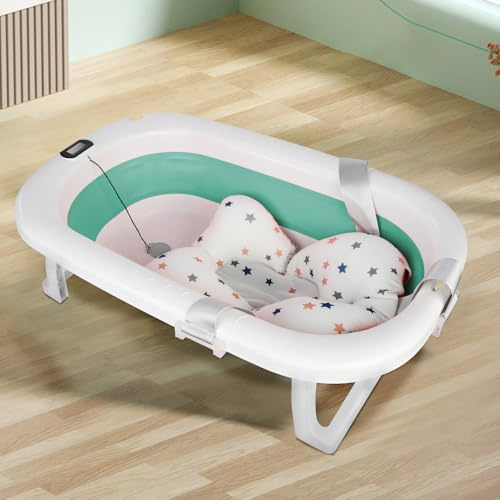 Baignoire pour bébé pliable avec coussin de bain antidérapant, taille XXL, thermomètre pour contrôler la température de l'eau, de la naissance à 2 ans, avec coussin de soutien, tapis de siège