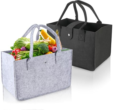 Ledebouk Borsa in Feltro, 2 Pezzi Borsa Shopper in Feltro, 30 x 20 x 18 cm Borsa Pieghevole, Del Mercato Con Manico, Borsa Shopper Donna per Picnic Guida Shopping Spesa Deposito, Grigio + Nero