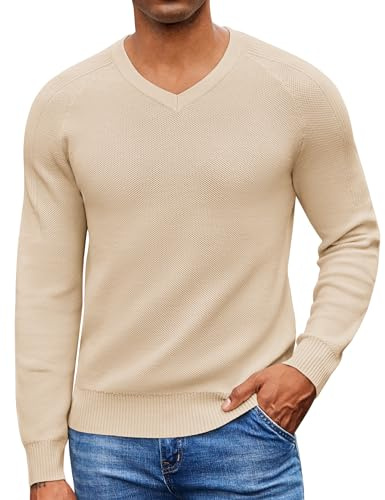 COOFANDY Pull à col en V et Manches Longues pour Homme en Maille Fine Basique Beige XL