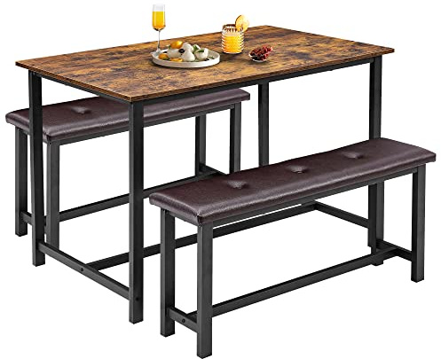 Garvee Conjunto de Mesa de Comedor y 2 Sillas, Industrial Juego de 3 Piezas con Rectangular y 2 Bancos Tapizados, para Cocina, Comedor, salón, Mesa 113×70×75 cm, Marrón