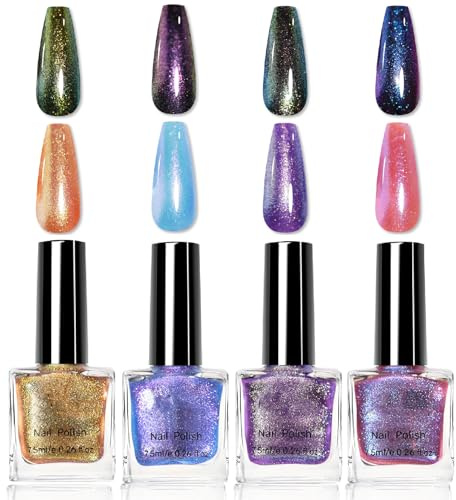 Nail Polish Set, 4Pcs Chameleon Nail Varnish Sets, Holographic Glitter Purple Pink Gold Nail Polish, Shimmer Air Quick Dry Iridescent Nail Lacquer for Finger Nail Women Gift Set