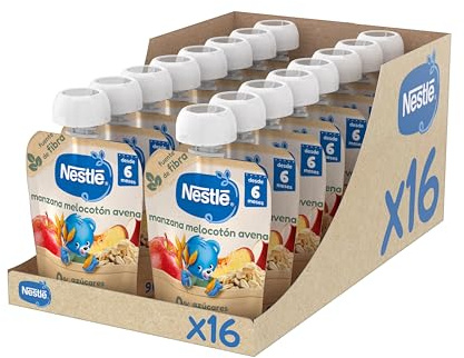 NESTLÉ Puré Manzana Melocotón y Avena, para bebés a partir de 6 meses, 16 bolsitas de 90g