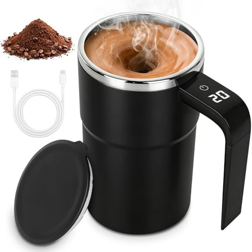FENYW Tazza Da Caffè Automatica, 380 Ml Miscelatore Elettrico Ricaricabile, Tazza Per Miscelatore Elettrico Con Display LCD, Con Coperchio, Per Latte Cacao Cioccolato Caldo E Bevande(nero)
