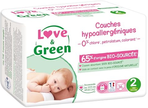 Love & Green - Couches Bébé Saines et Ecologiques - Taille 2 (3-6 kg) - 36 couches - Absorbante, anti-fuites et sans ingrédients indésirables