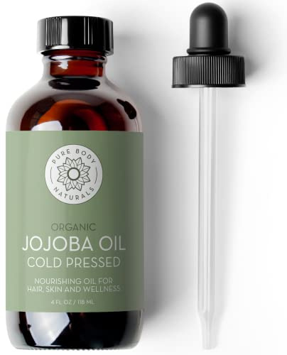 Pure Body Naturals Organic Jojoba Oil, 4 Fl Oz - 100% Pure, Organic, USA-Sourced, Cold Pressed Jojoba Oil for Skin, Face, Nails and Hair - Carrier Oil for Mixing Essential Oils