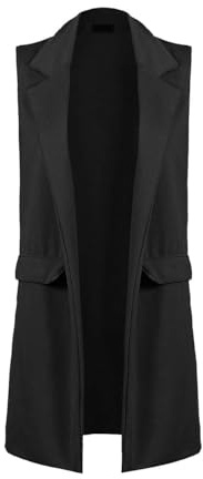 REAL LIFE FASHION LTD Kvinnor lång dammjacka damer väst smart blazer långa ärmar bälte dammjacka ärmlös ficka väst enkel vinterkläder blazer kappa, Svart, 46/48 SE