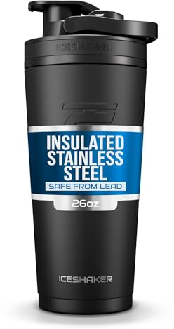 Ice Shaker Stainless Steel Insulated Water Bottle Protein Mixing Cup - Holds Ice for 30+ Hours As Seen On Shark Tank Â€¦ 26oz Black - Black Bands