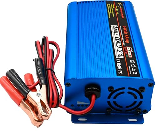 Unocho 24V 5A Battery Charger Maintainer 4-Stage Smart Lead-Acid Trickle Charger with Alligator Clips, I/O Switch and LED Display for AGM GEL SLA VRLA WET Deep Cycle Batteries(UK Plug)