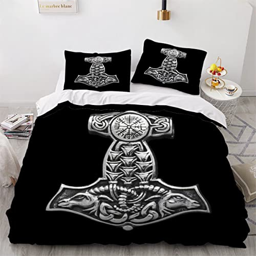 AOYNP Bettwäsche 135x200 Vikings Bettbezug Set 3 teilig Weich Microfaser Bettwäsche-Set Thors Hammer der Wikinger Kinderbettwäsche Bettwaren Mit ReißVerschluss Bettbezug Mit 2 Kissenbezug 80x80cm