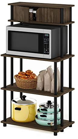 Furinno TURN-N-TUBE Coffee Bar, 5-Tier Bakers Rack, Kitchen Shelves with Top Cabinet, for Pantry Organizers and Storage, Kitchen Organization, Columbia Walnut